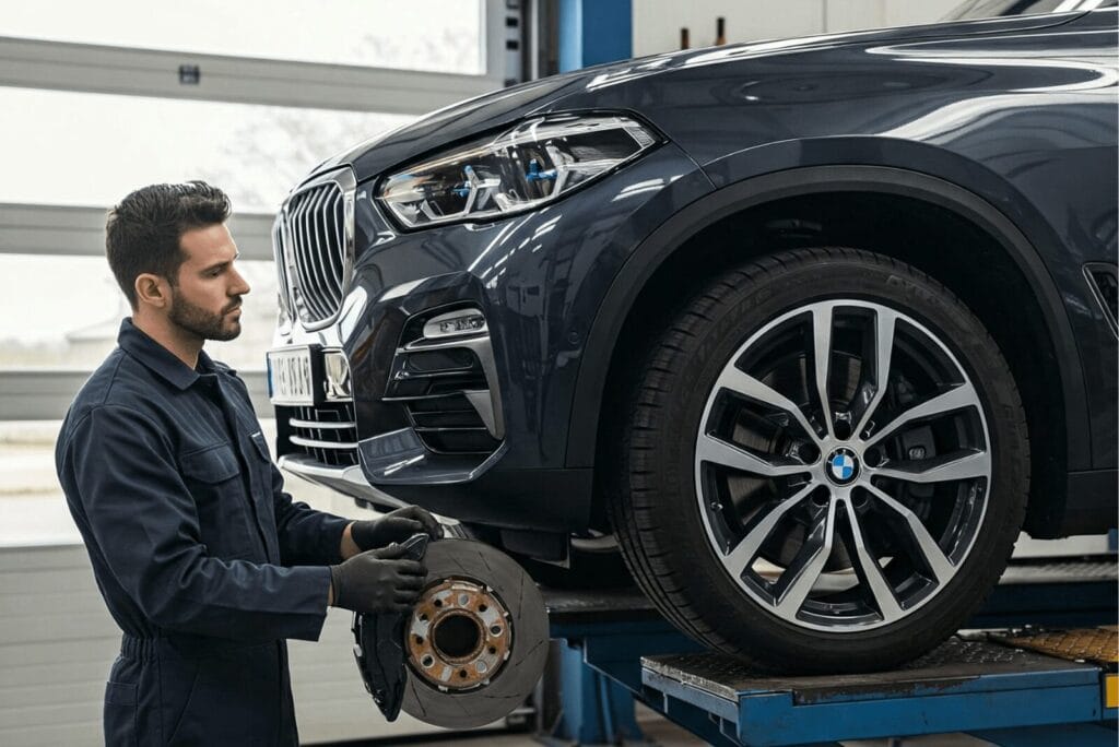 Mechanic inspecting Best brake pads for bmw x5 2021 .